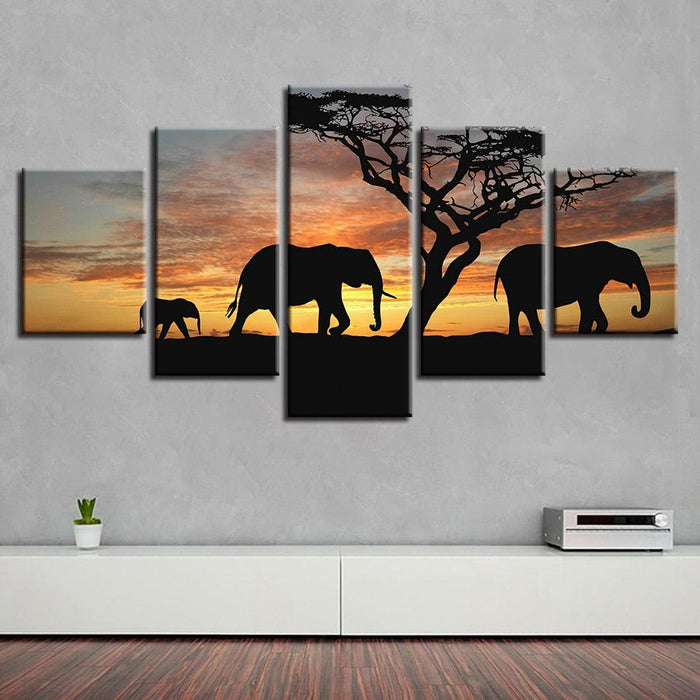 Elephants 5 Piece HD Multi Panel Canvas Wall Art Frame - Original Frame