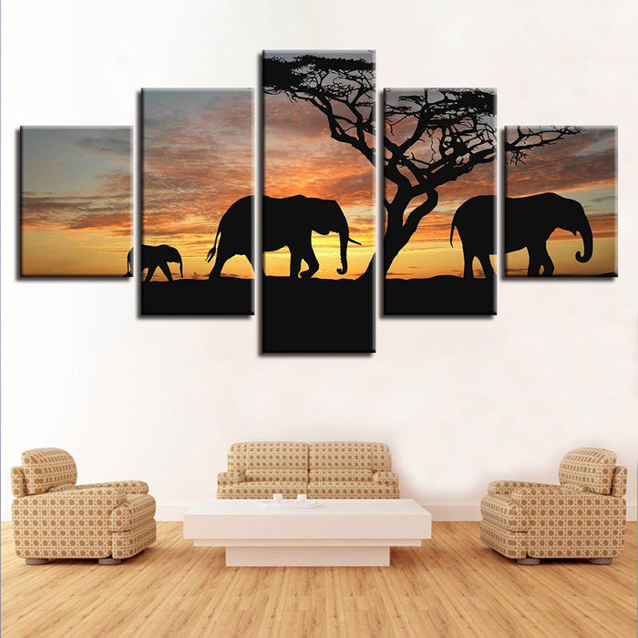 Elephants 5 Piece HD Multi Panel Canvas Wall Art Frame - Original Frame