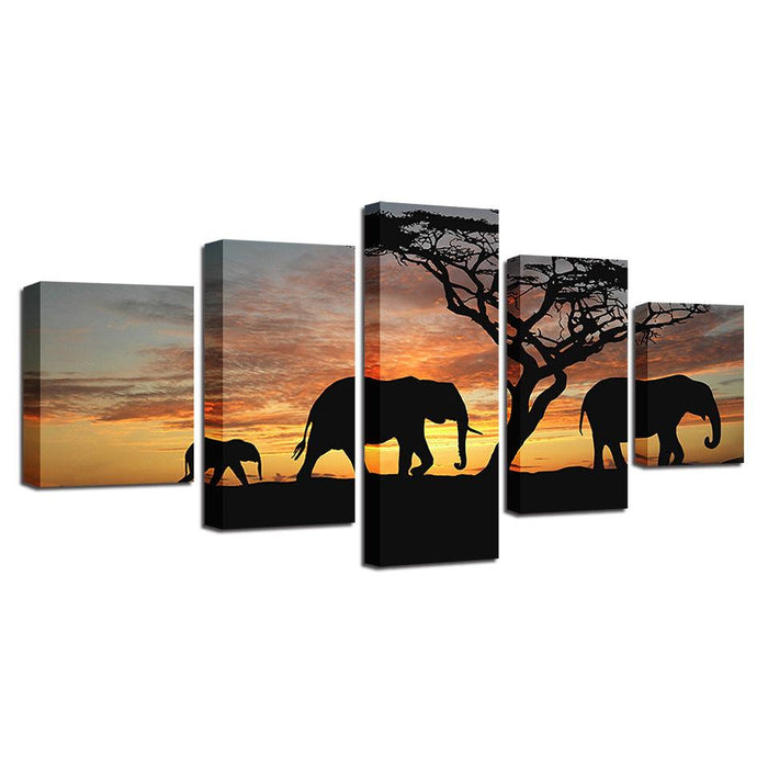 Elephants 5 Piece HD Multi Panel Canvas Wall Art Frame - Original Frame