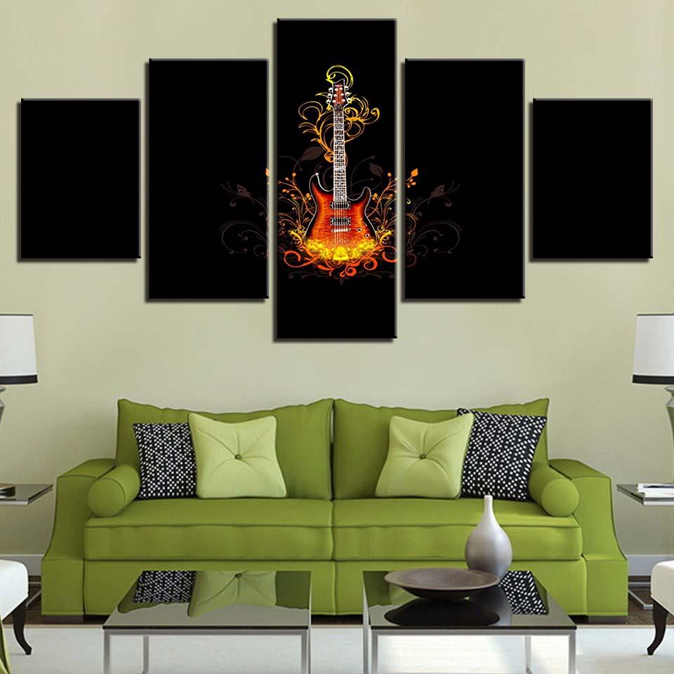 Guitar On Fire 5 Piece HD Multi Panel Canvas Wall Art - Original Frame