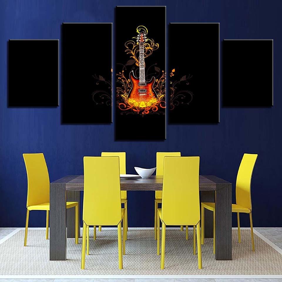 Guitar On Fire 5 Piece HD Multi Panel Canvas Wall Art - Original Frame