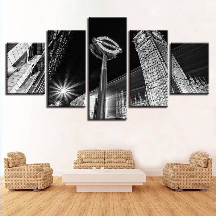 Big Ben B&W 5 Piece HD Multi Panel Canvas Wall Art Frame - Original Frame