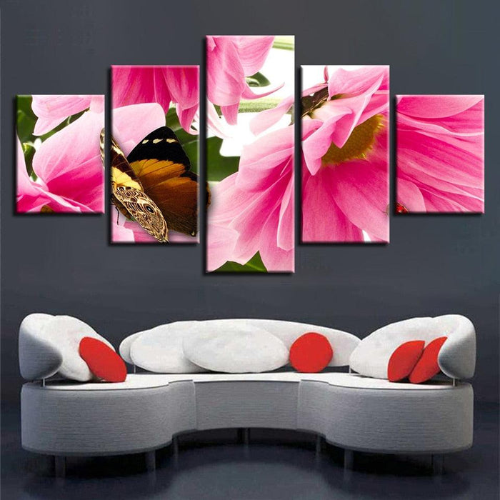 Flowers And Butterfly 5 Piece HD Multi Panel Canvas Wall Art Frame - Original Frame