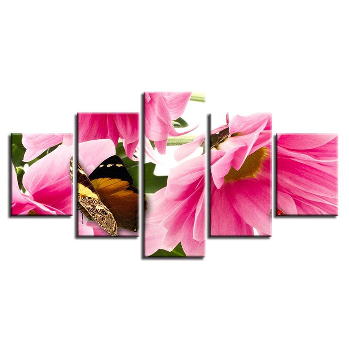 Flowers And Butterfly 5 Piece HD Multi Panel Canvas Wall Art Frame - Original Frame