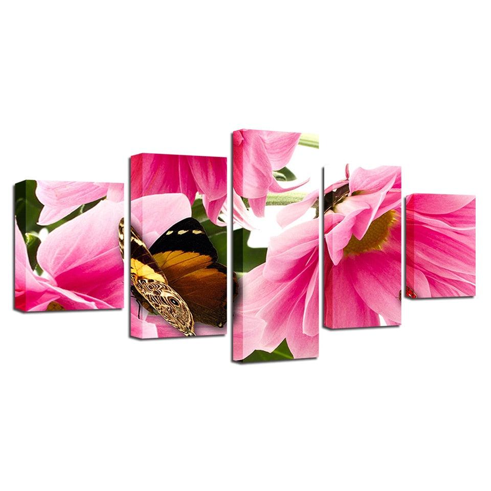 Flowers And Butterfly 5 Piece HD Multi Panel Canvas Wall Art Frame - Original Frame