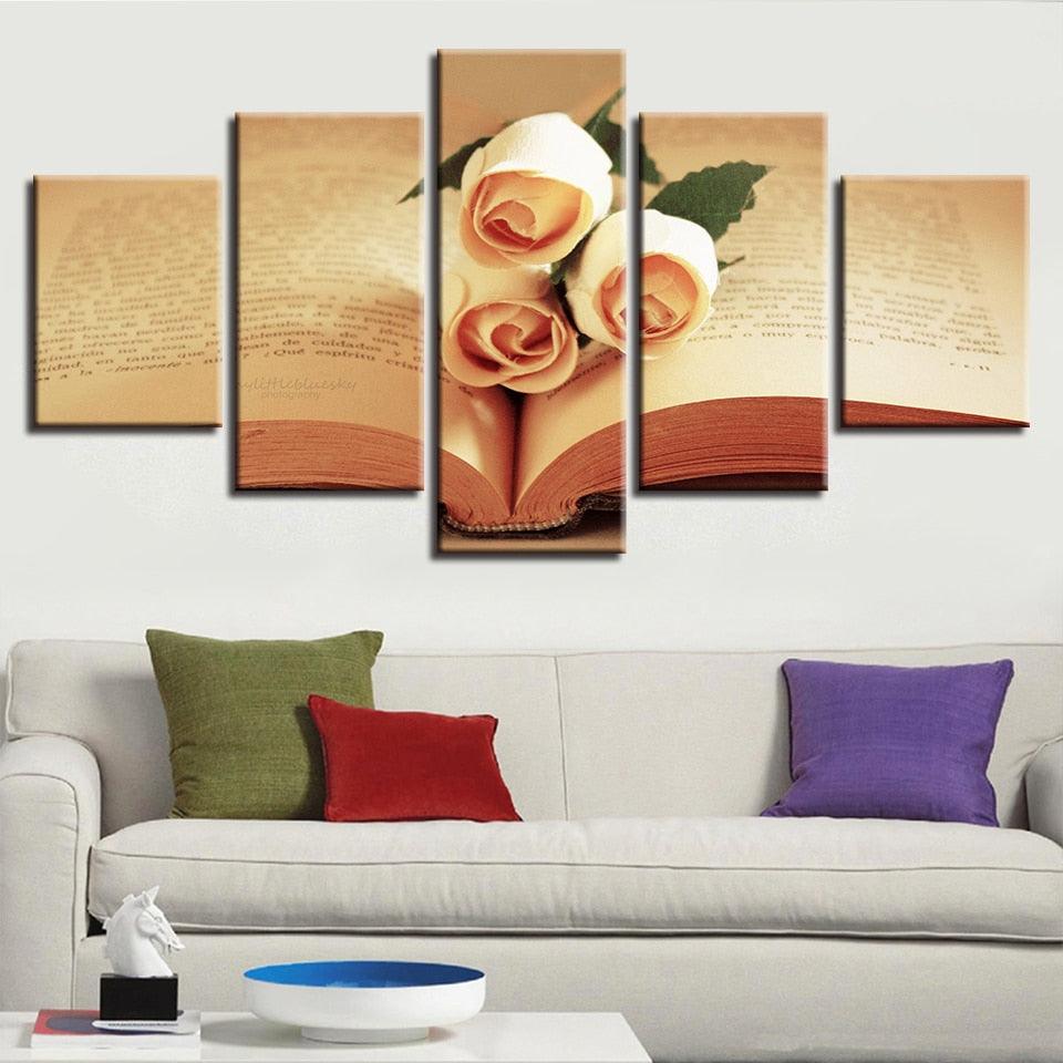 Champagne Roses And Book 5 Piece HD Multi Panel Canvas Wall Art Frame - Original Frame