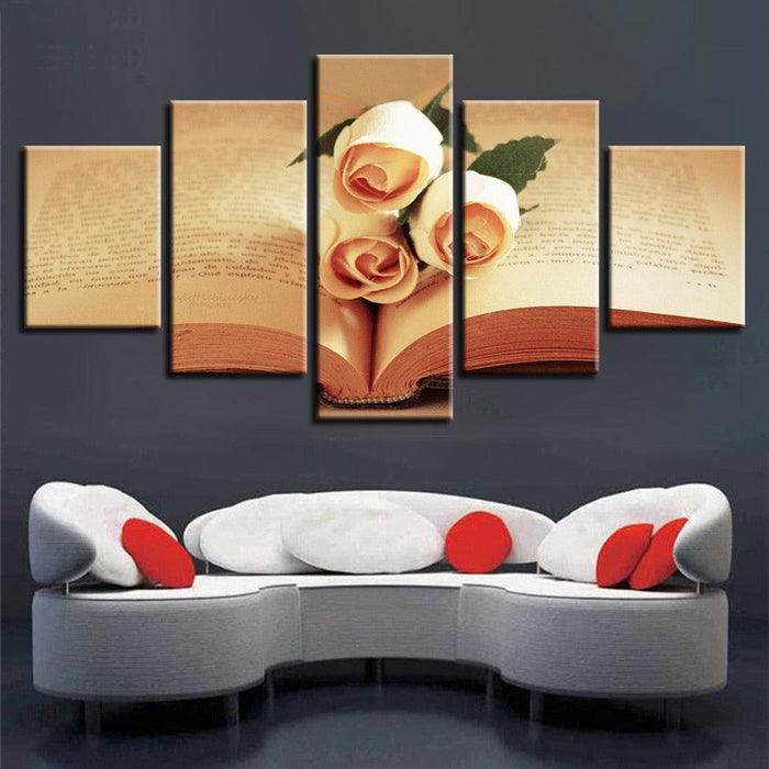 Champagne Roses And Book 5 Piece HD Multi Panel Canvas Wall Art Frame - Original Frame