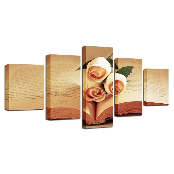 Champagne Roses And Book 5 Piece HD Multi Panel Canvas Wall Art Frame