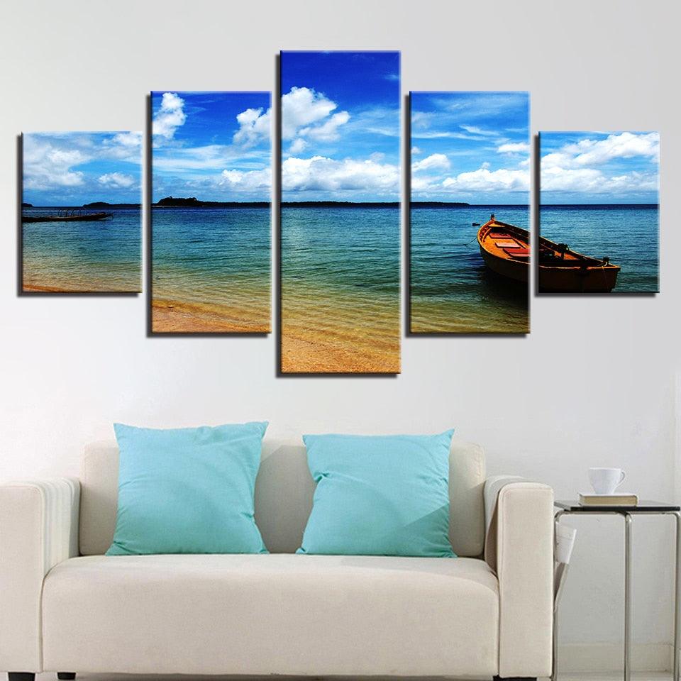 Blue Sky Cloud Beach Boat 5 Piece HD Multi Panel Canvas Wall Art Frame - Original Frame