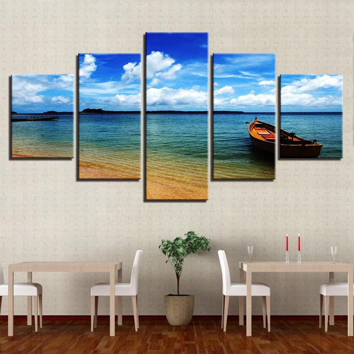 Blue Sky Cloud Beach Boat 5 Piece HD Multi Panel Canvas Wall Art Frame