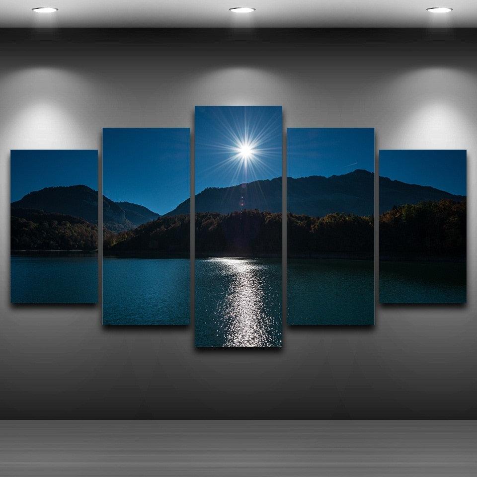 Mountain Moon Sky 5 Piece HD Multi Panel Canvas Wall Art Frame - Original Frame