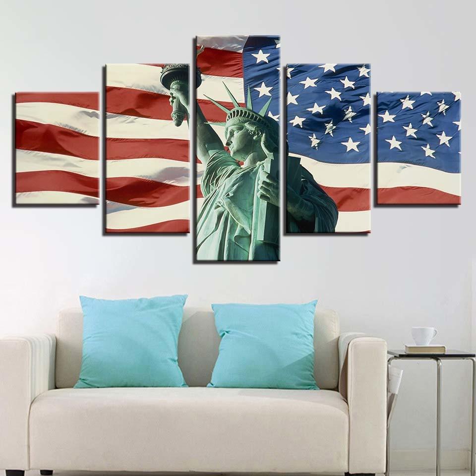 American Flag & Statue of Liberty 5 Piece HD Multi Panel Canvas Wall Art Frame - Original Frame