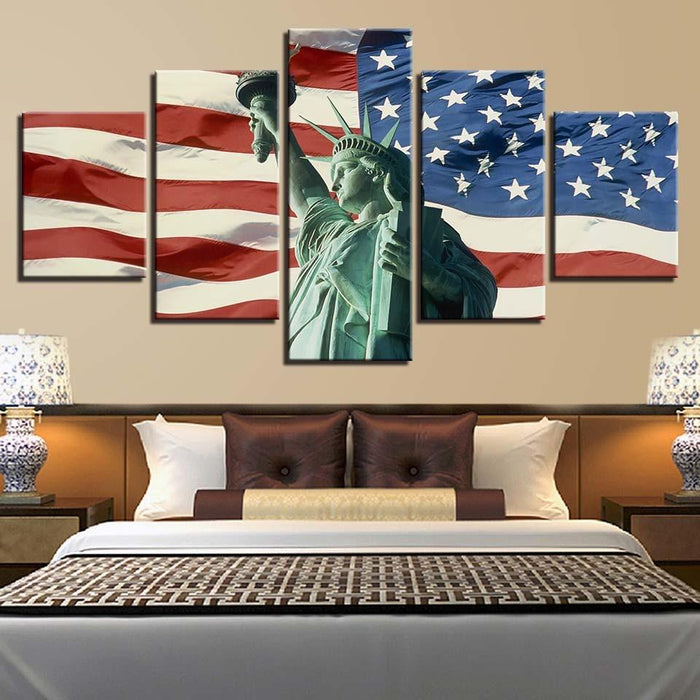 American Flag & Statue of Liberty 5 Piece HD Multi Panel Canvas Wall Art Frame - Original Frame