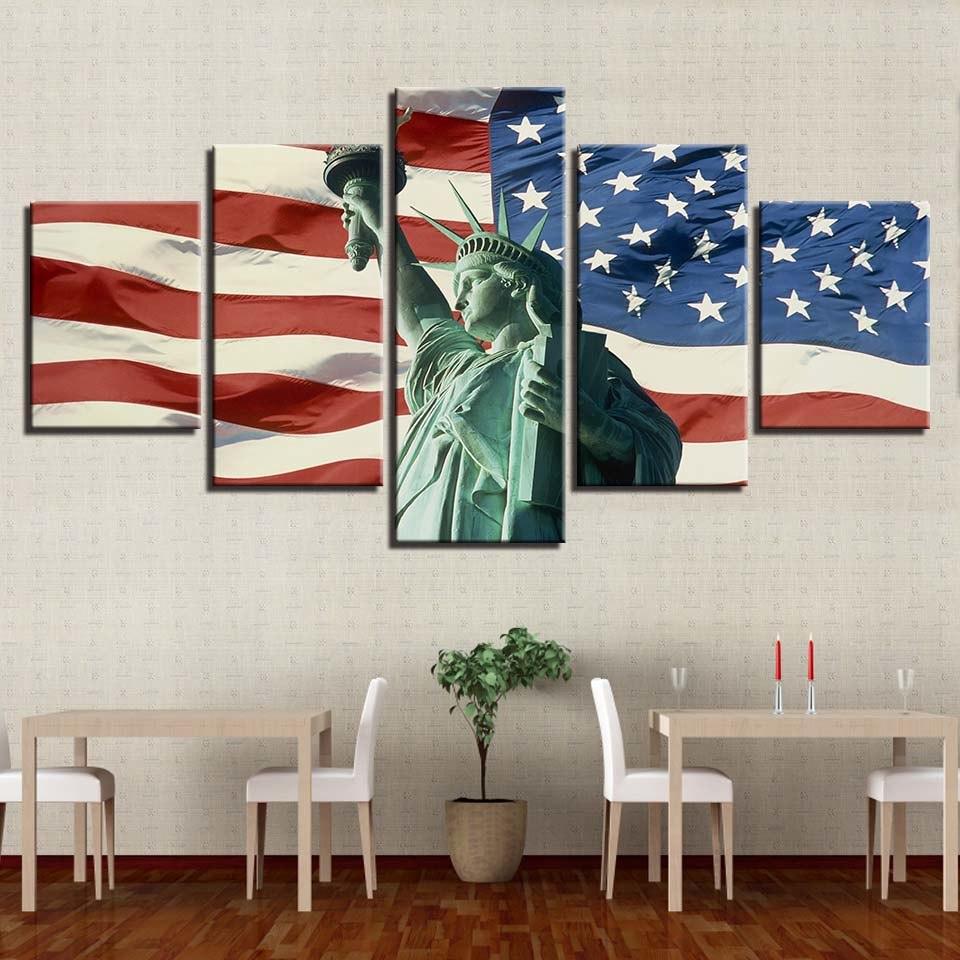 American Flag & Statue of Liberty 5 Piece HD Multi Panel Canvas Wall Art Frame - Original Frame