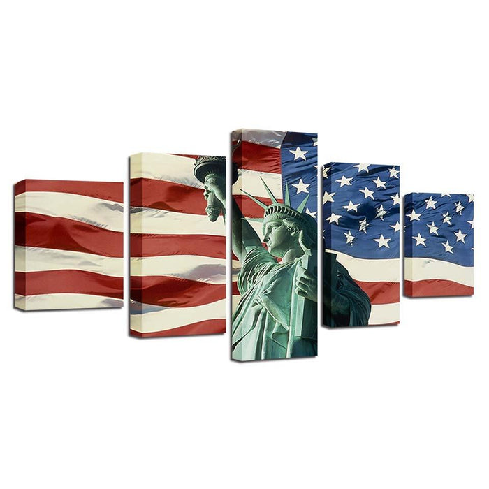 American Flag & Statue of Liberty 5 Piece HD Multi Panel Canvas Wall Art Frame - Original Frame