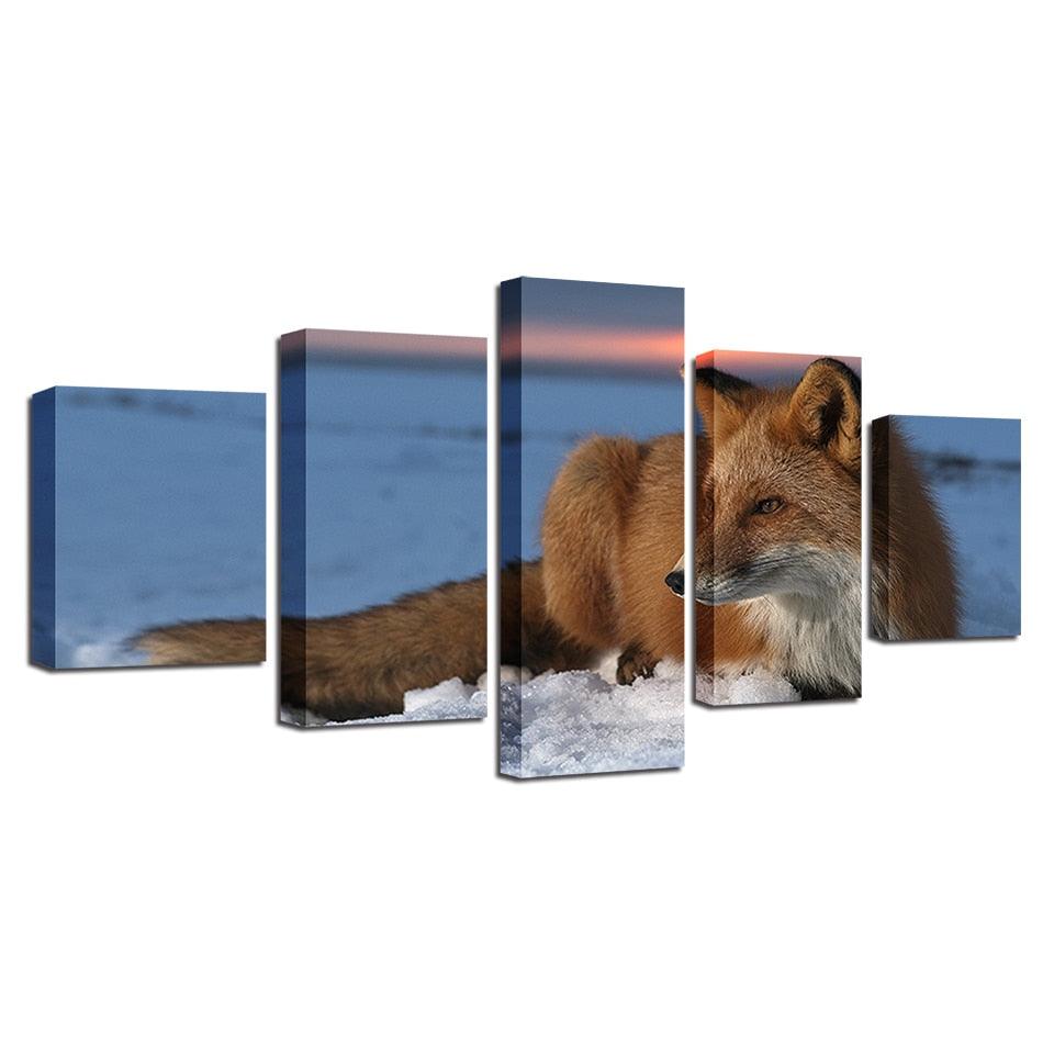 Winter Snow Fox 5 Piece HD Multi Panel Canvas Wall Art Frame - Original Frame
