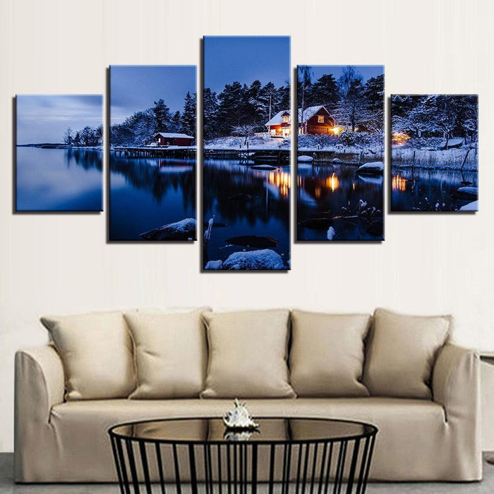 Cottage Snow Lake Night 5 Piece HD Multi Panel Canvas Wall Art Frame - Original Frame