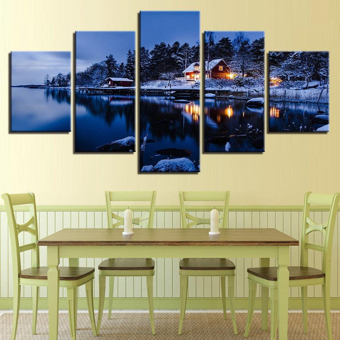 Cottage Snow Lake Night 5 Piece HD Multi Panel Canvas Wall Art Frame - Original Frame