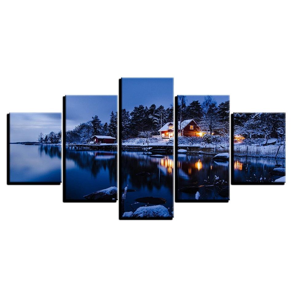 Cottage Snow Lake Night 5 Piece HD Multi Panel Canvas Wall Art Frame - Original Frame
