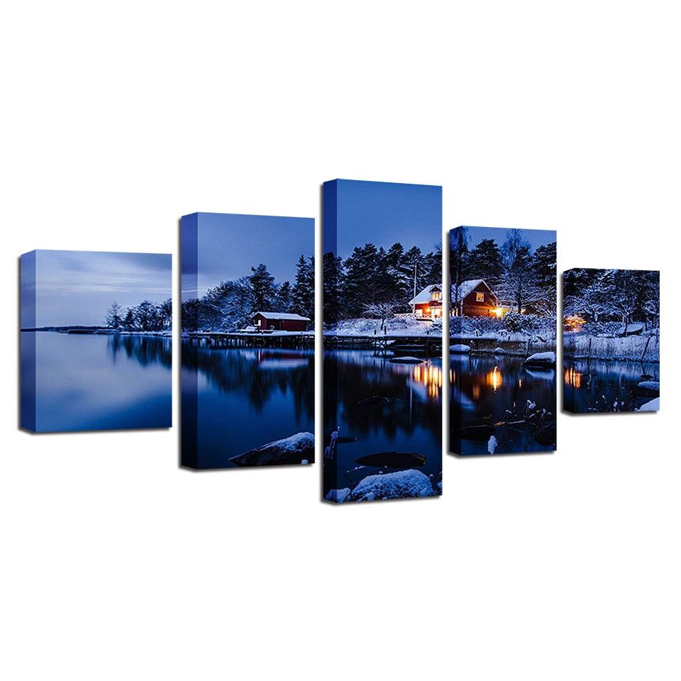 Cottage Snow Lake Night 5 Piece HD Multi Panel Canvas Wall Art Frame - Original Frame