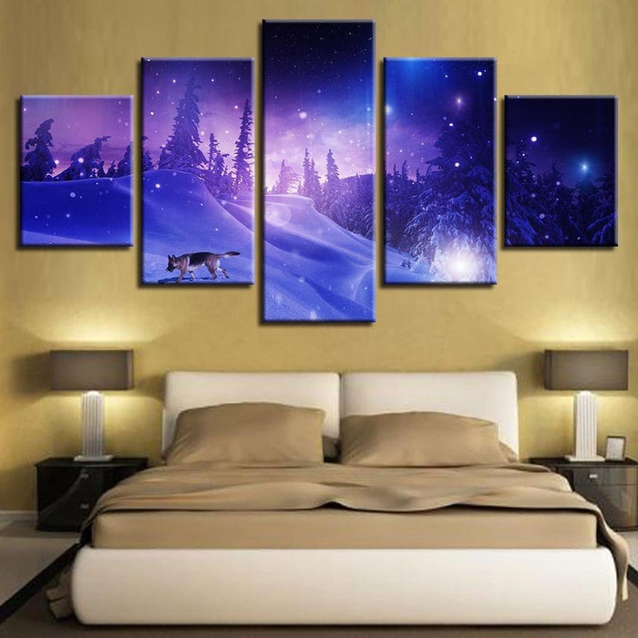 Snow Forest Wolf 5 Piece HD Multi Panel Canvas Wall Art Frame