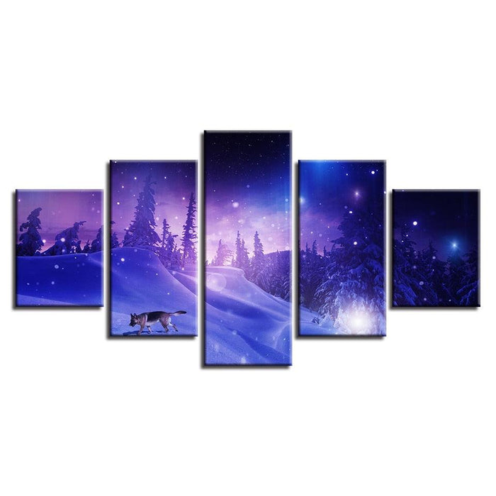 Snow Forest Wolf 5 Piece HD Multi Panel Canvas Wall Art Frame