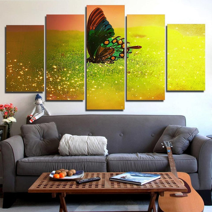Butterfly Fireflies Flying On Green Grassland 5 Piece HD Multi Panel Canvas Wall Art Frame