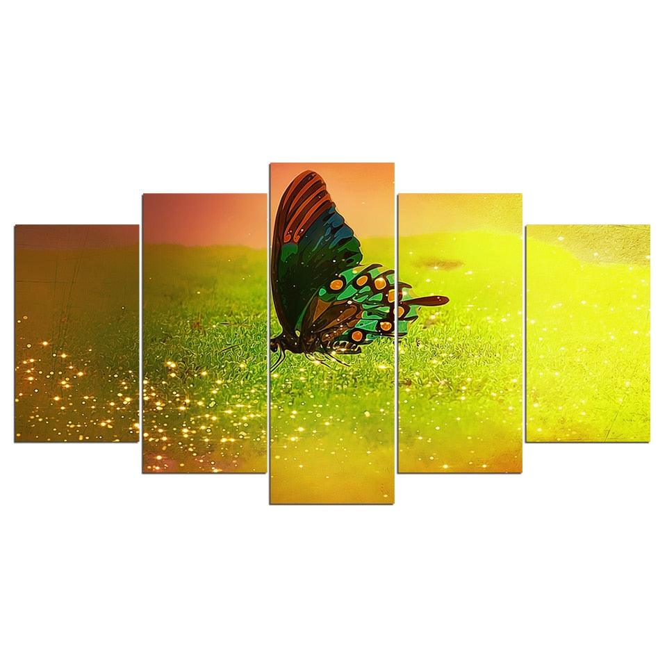 Butterfly Fireflies Flying On Green Grassland 5 Piece HD Multi Panel Canvas Wall Art Frame - Original Frame