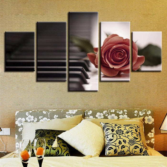 Red Rose And Piano 5 Piece HD Multi Panel Canvas Wall Art Frame
