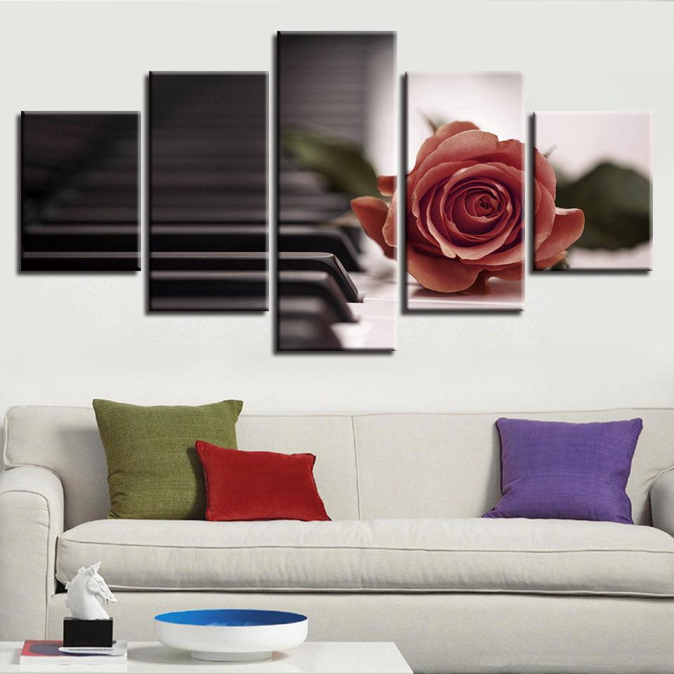 Red Rose And Piano 5 Piece HD Multi Panel Canvas Wall Art Frame - Original Frame