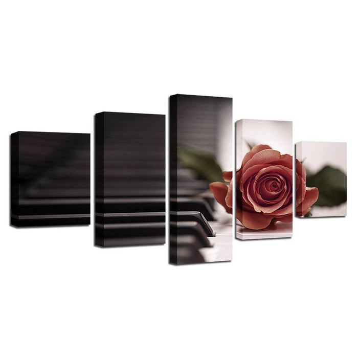 Red Rose And Piano 5 Piece HD Multi Panel Canvas Wall Art Frame