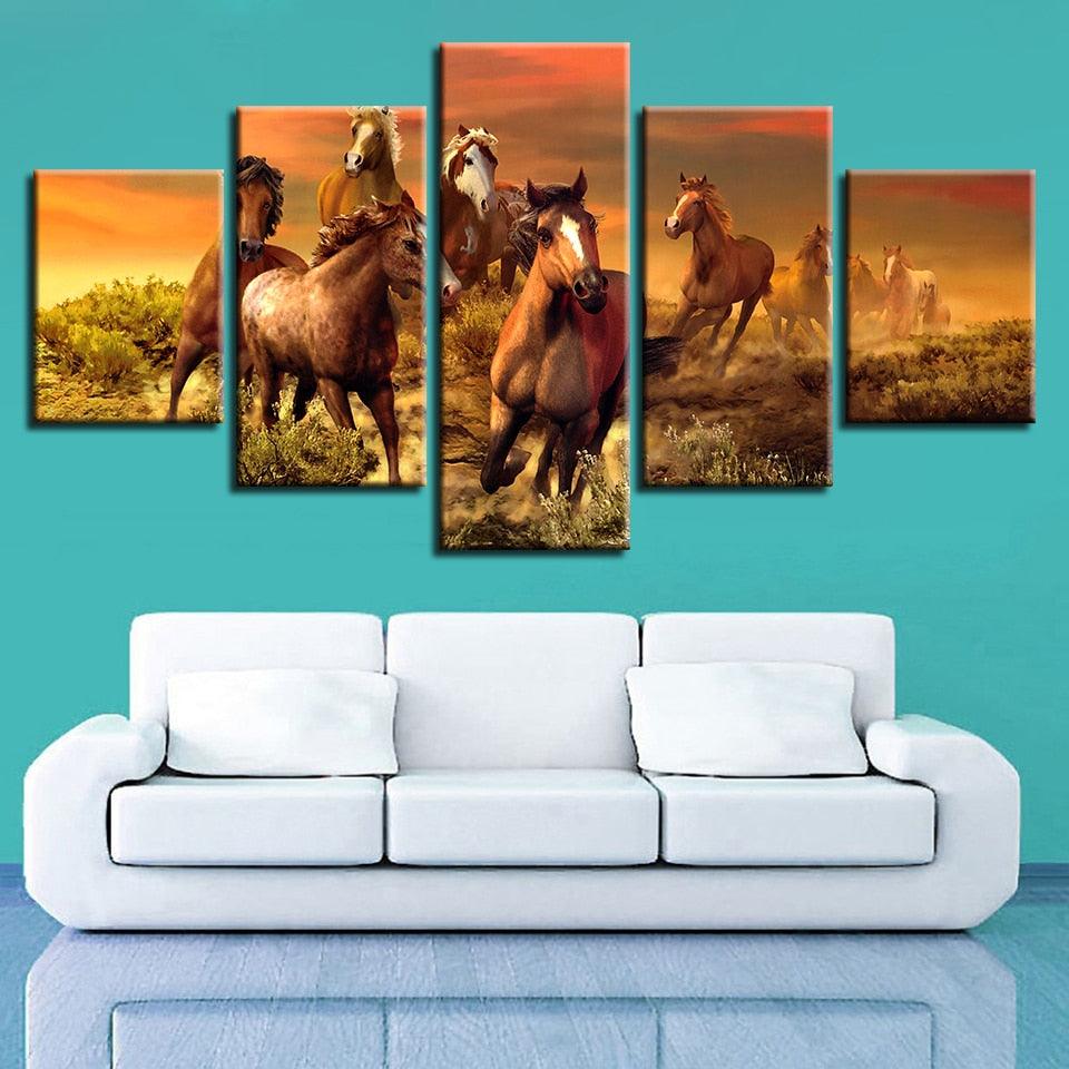 Running Horses 5 Piece HD Multi Panel Canvas Wall Art Frame - Original Frame