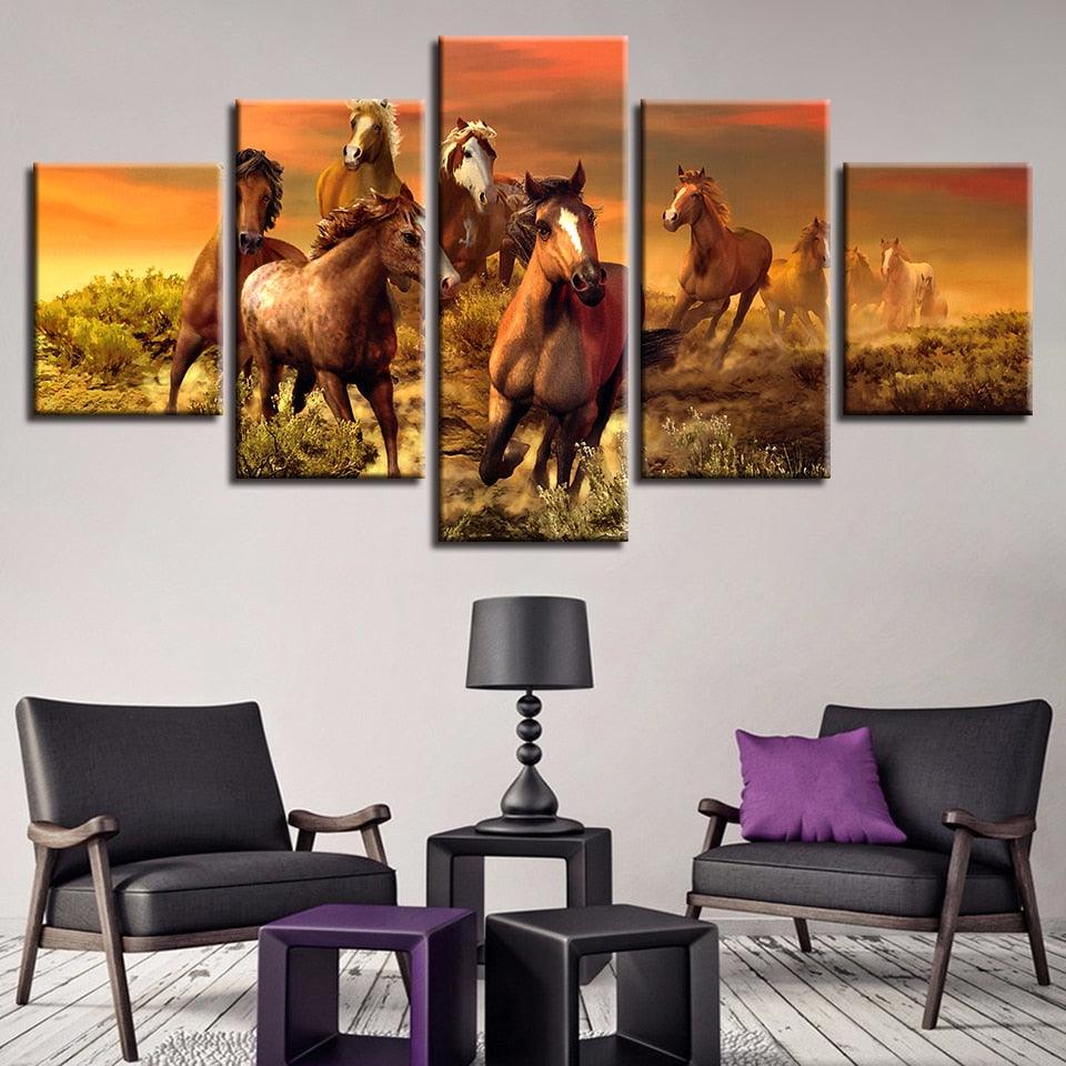 Running Horses 5 Piece HD Multi Panel Canvas Wall Art Frame - Original Frame