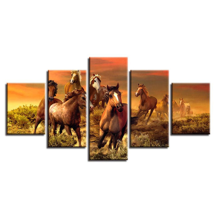 Running Horses 5 Piece HD Multi Panel Canvas Wall Art Frame - Original Frame