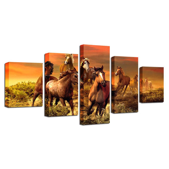 Running Horses 5 Piece HD Multi Panel Canvas Wall Art Frame - Original Frame