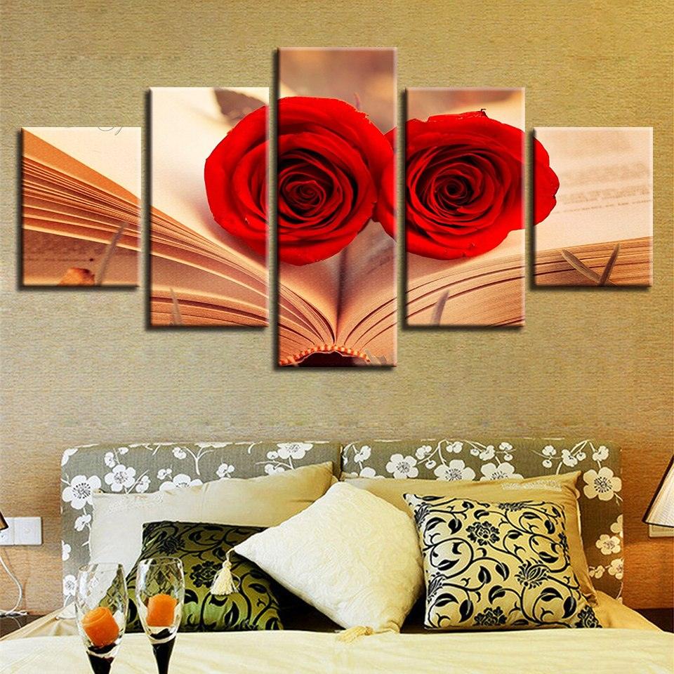 Red Roses In A Book 5 Piece HD Multi Panel Canvas Wall Art Frame - Original Frame