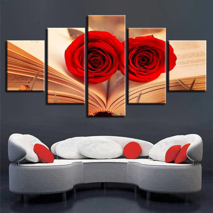 Red Roses In A Book 5 Piece HD Multi Panel Canvas Wall Art Frame