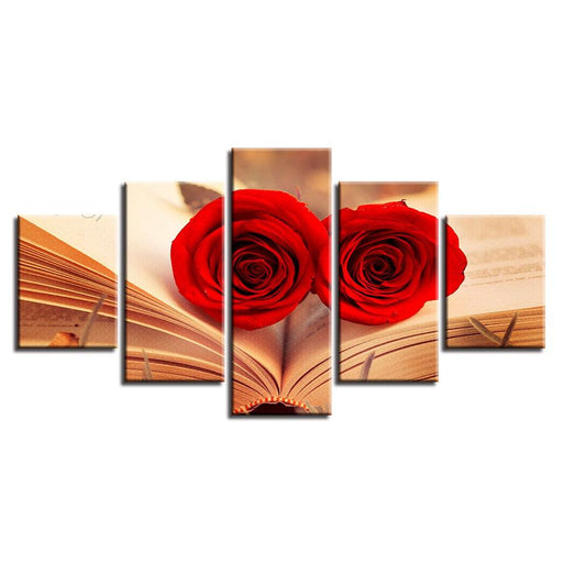 Red Roses In A Book 5 Piece HD Multi Panel Canvas Wall Art Frame - Original Frame