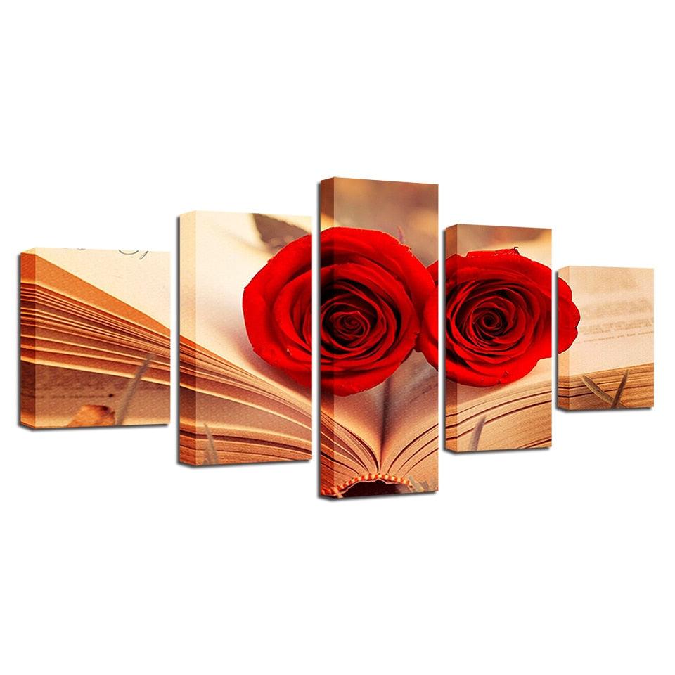 Red Roses In A Book 5 Piece HD Multi Panel Canvas Wall Art Frame - Original Frame