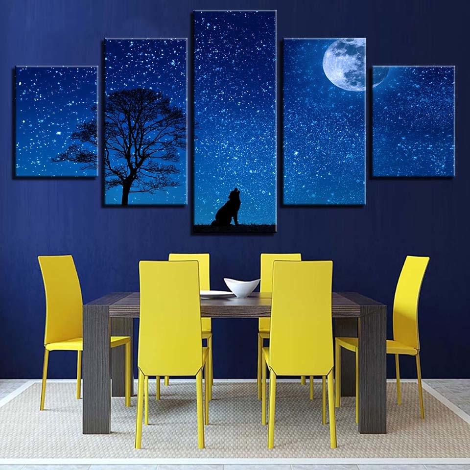 Wild Wolf And Moon Night 5 Piece HD Multi Panel Canvas Wall Art Frame - Original Frame