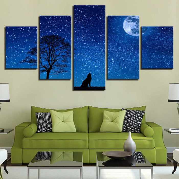 Wild Wolf And Moon Night 5 Piece HD Multi Panel Canvas Wall Art Frame - Original Frame