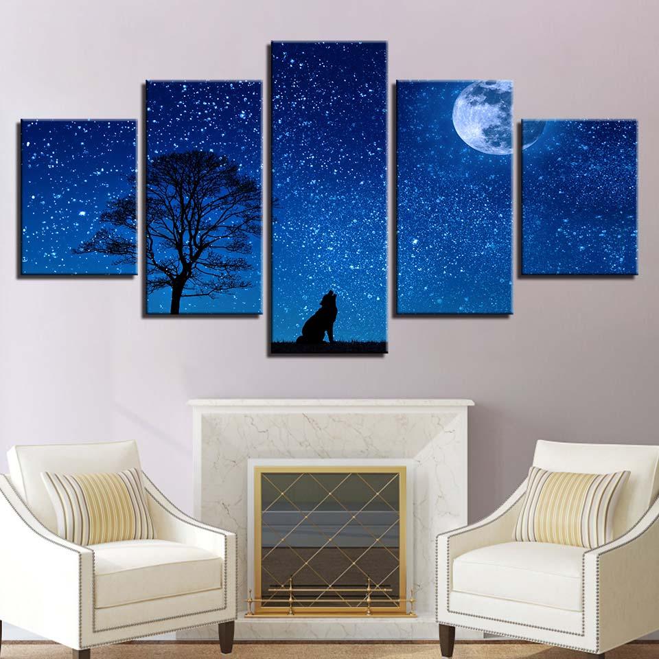 Wild Wolf And Moon Night 5 Piece HD Multi Panel Canvas Wall Art Frame - Original Frame