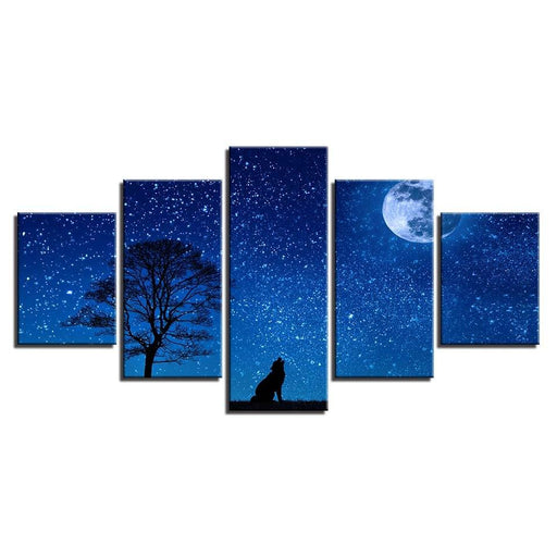 Wild Wolf And Moon Night 5 Piece HD Multi Panel Canvas Wall Art Frame - Original Frame