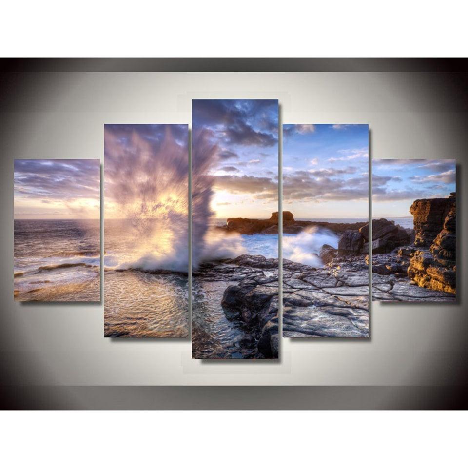 Fierce Wave Roll Seascape 5 Piece HD Multi Panel Canvas Wall Art Frame - Original Frame