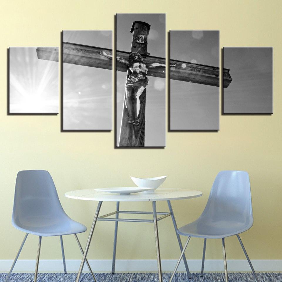 Cross And Sunshine Scenery 5 Piece HD Multi Panel Canvas Wall Art Frame - Original Frame