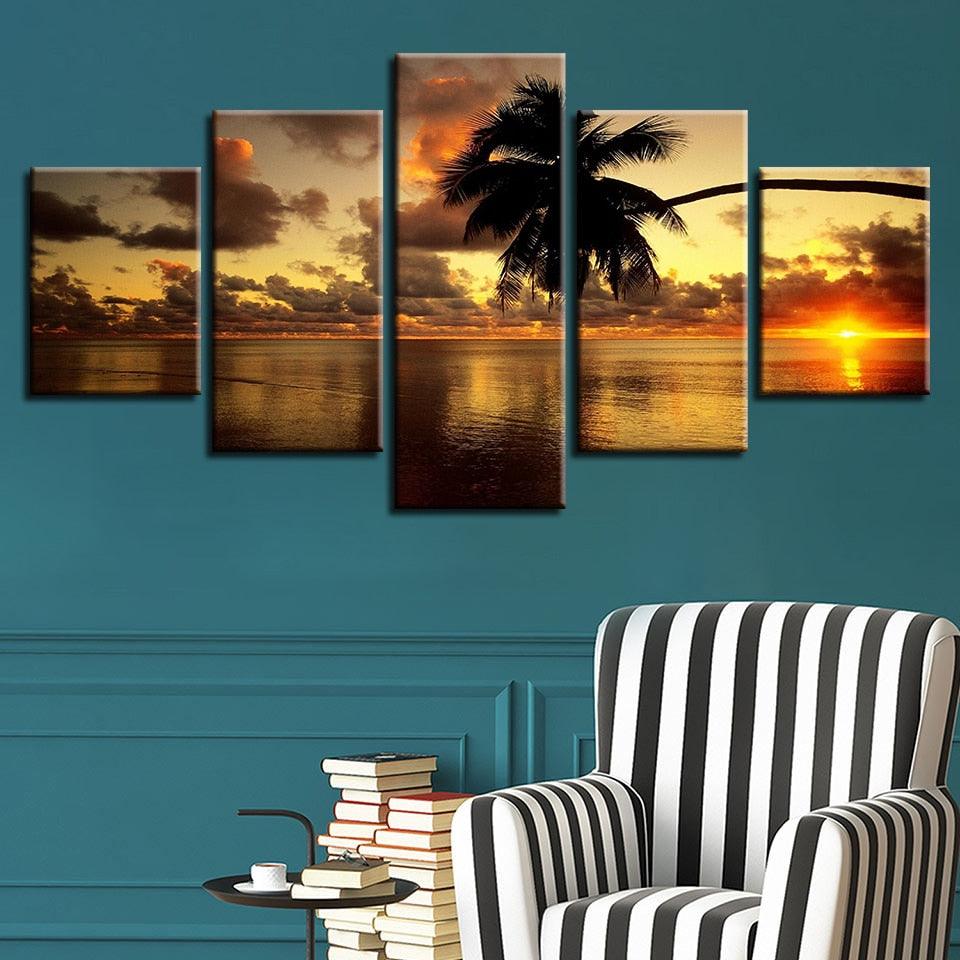 Sunset Palm Tree 5 Piece HD Multi Panel Canvas Wall Art Frame - Original Frame