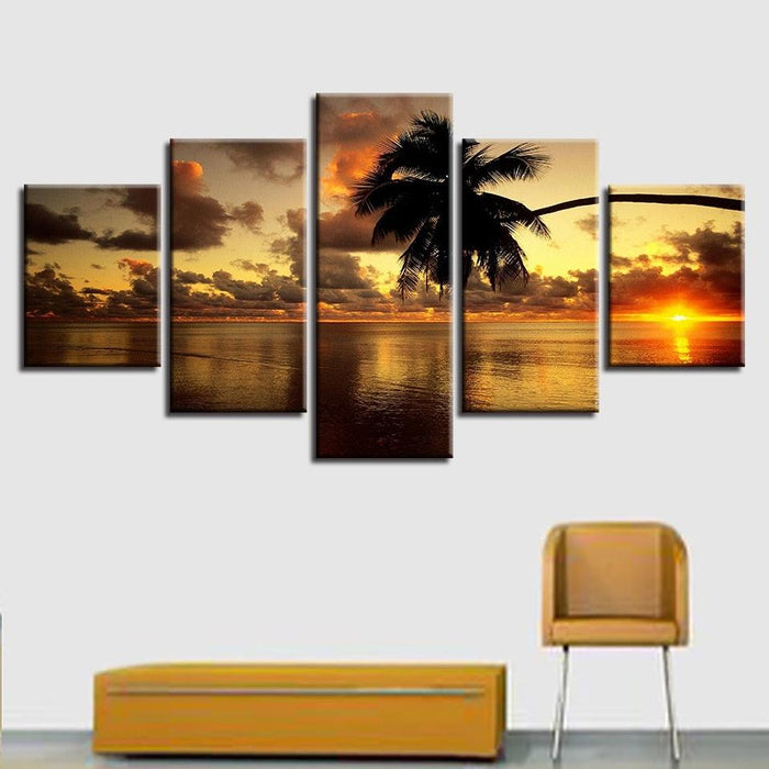 Sunset Palm Tree 5 Piece HD Multi Panel Canvas Wall Art Frame - Original Frame