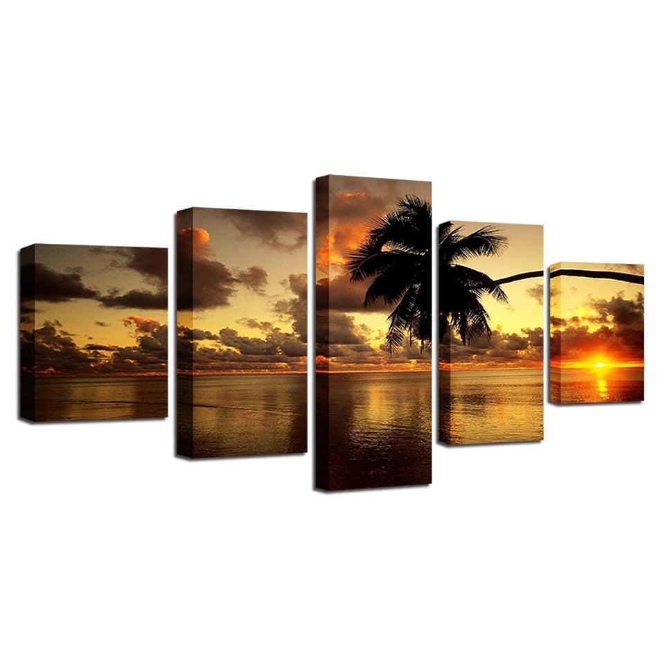 Sunset Palm Tree 5 Piece HD Multi Panel Canvas Wall Art Frame - Original Frame
