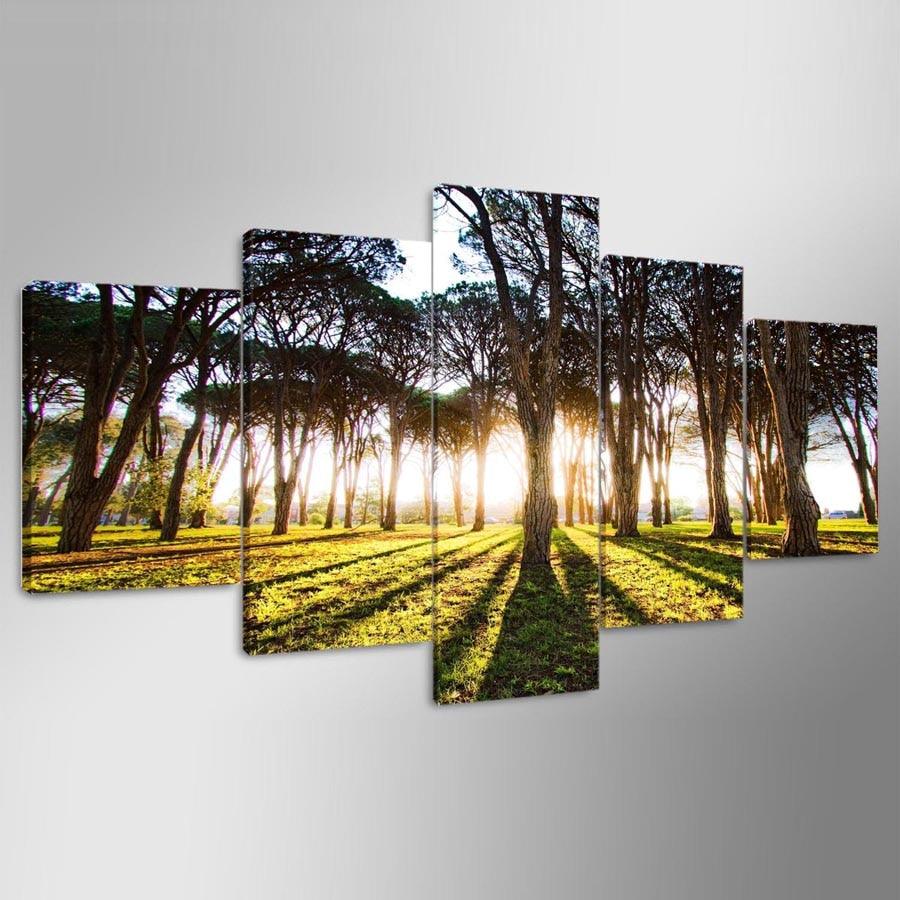 Sunshine Forest Scenery 5 Piece HD Multi Panel Canvas Wall Art Frame - Original Frame