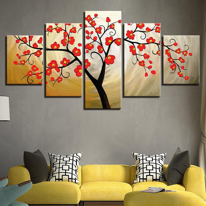 Red Plum Blossom 5 Piece HD Multi Panel Canvas Wall Art Frame - Original Frame